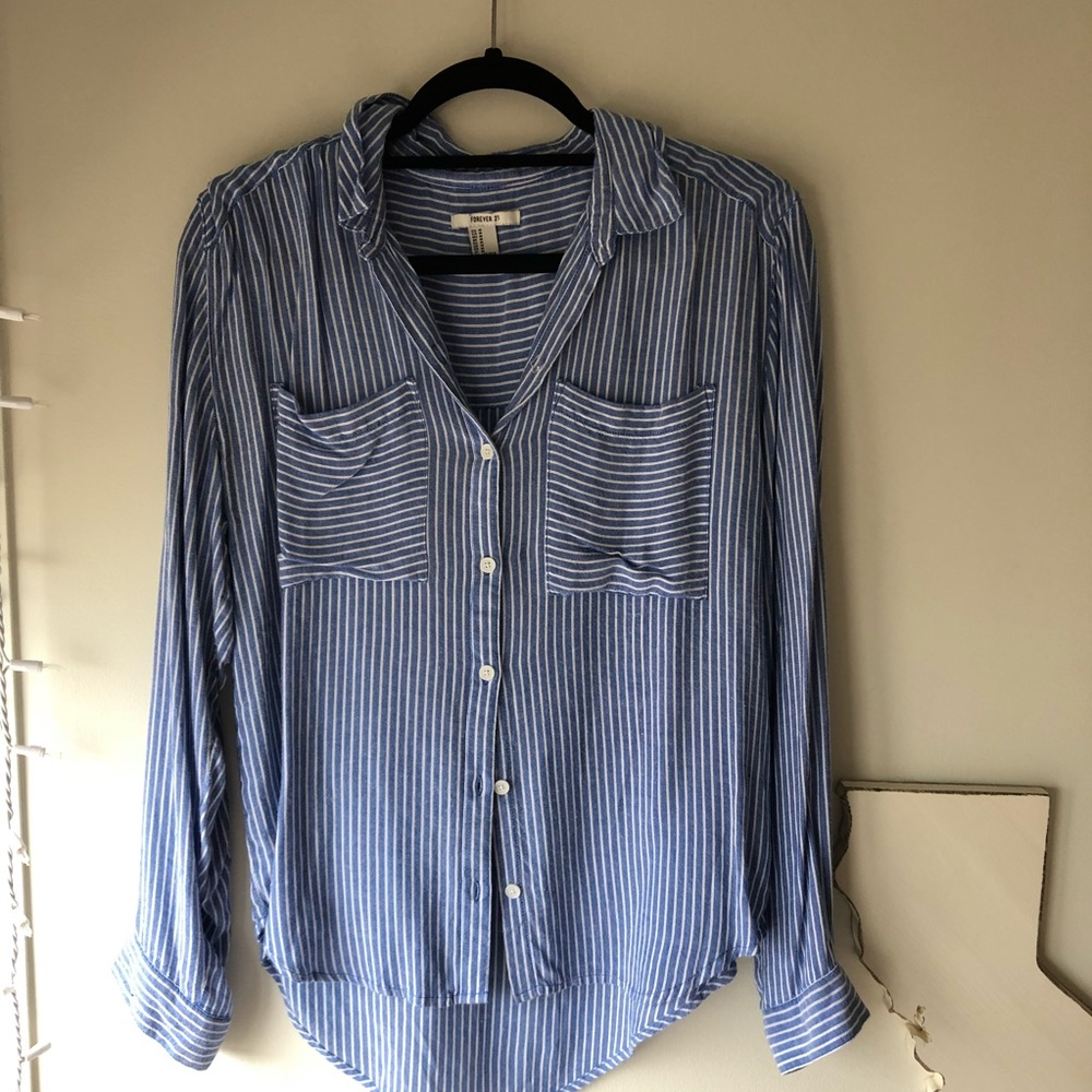Blue and white striped button down